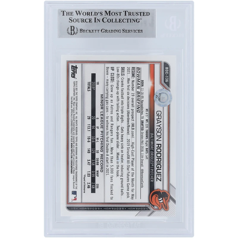 Grayson Rodriguez Baltimore Orioles Autographed 2021 Bowman Chrome Draft Sapphire #BDC-136 Beckett Fanatics Witnessed Authenticated Card