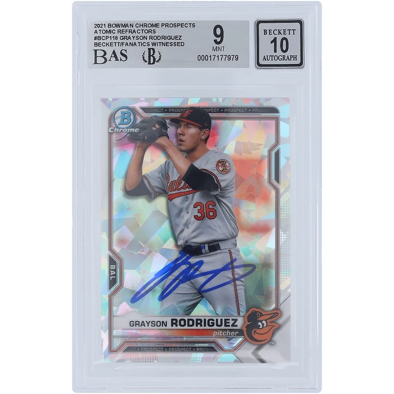 Grayson Rodriguez Baltimore Orioles Autographed Bowman Chrome Prospects Atomic Refractor #BCP- Beckett Fanatics Witnessed Authenticated /10 Card