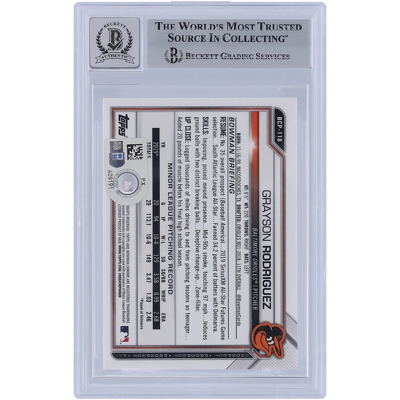 Carte autographiée 9/10 Bowman Chrome Prospects 2021 Sapphire #BCP-118 Beckett Fanatics Witnessed Baltimore Orioles
