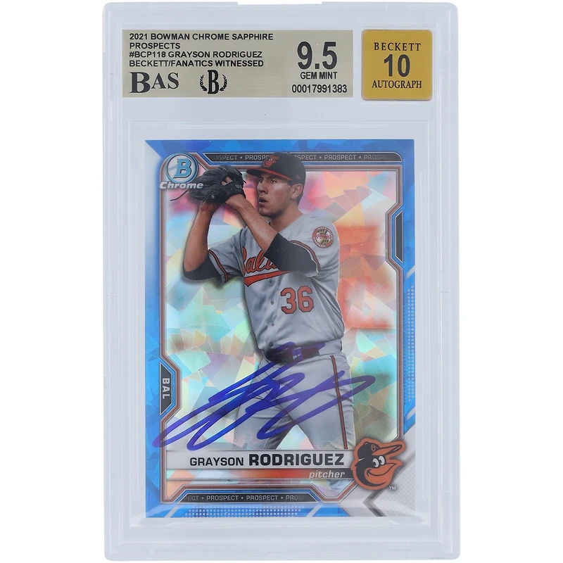 Carte autographiée Grayson Rodriguez des Baltimore Orioles, Bowman Chrome Prospects 2021 Sapphire #BCP-118, Beckett Fanatics, vue authentifiée, 9,5/10