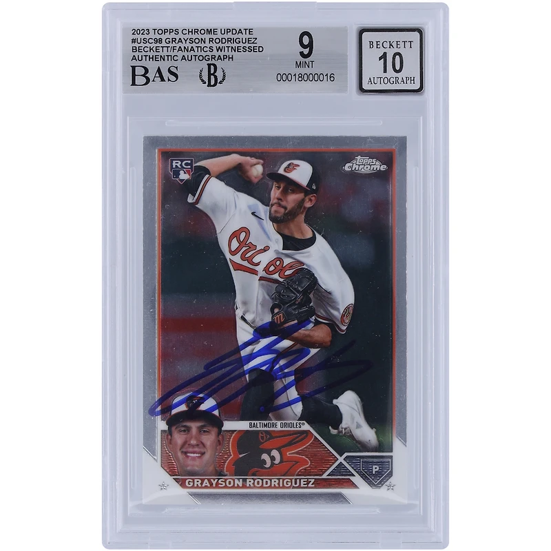 Grayson Rodriguez Baltimore Orioles autographié 2023 Topps Chrome Update #USC98 Beckett Fanatics a été témoin d'une carte recrue authentifiée 9/10