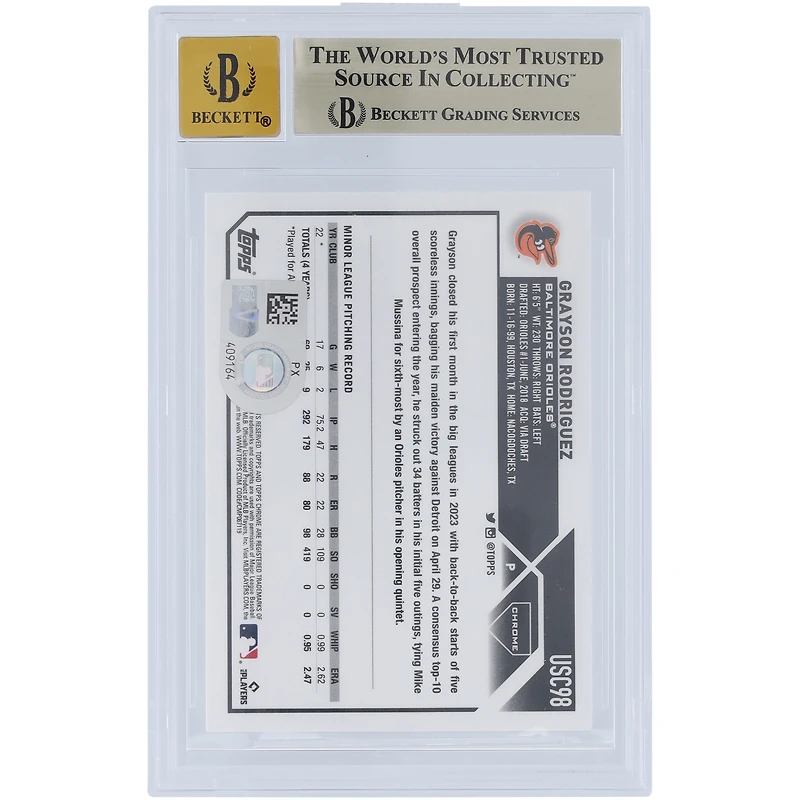 Grayson Rodriguez Baltimore Orioles Autographié 2023 Topps Chrome Mise à jour #USC98 Beckett Fanatics Witnessed Authenticated 9.5/10 Rookie Card