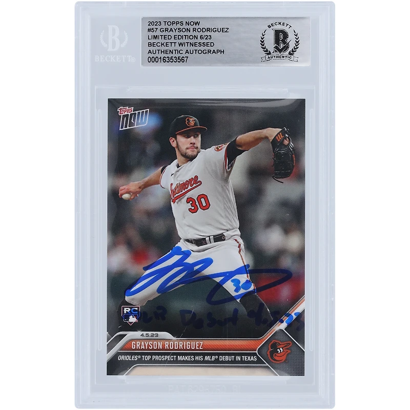 Grayson Rodriguez Baltimore Orioles Autographié Topps 2023 Now Debut #NNO #/23 Beckett Fanatics a été témoin d'une carte de recrue authentifiée avec l'inscription "MLB Debut 4-5-23"