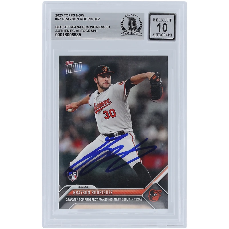 Grayson Rodriguez Baltimore Orioles a autographié la carte Topps 2023 maintenant pour ses débuts en MLB #57 Beckett Fanatics a été témoin de la carte recrue authentifiée 10