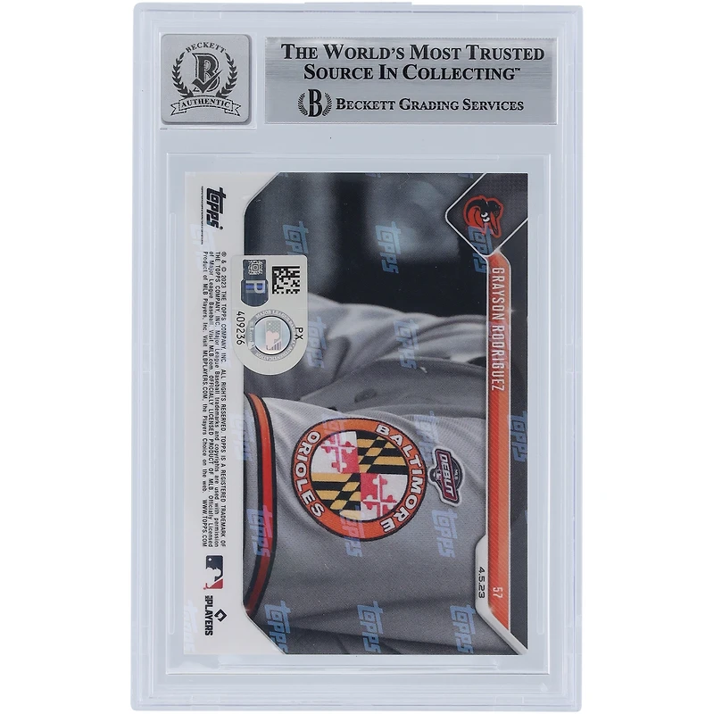 Grayson Rodriguez Baltimore Orioles a autographié la carte Topps 2023 maintenant pour ses débuts en MLB #57 Beckett Fanatics a été témoin de la carte recrue authentifiée 10