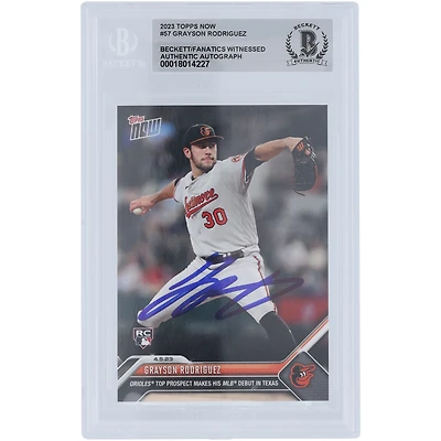 Grayson Rodriguez Baltimore Orioles a autographié la carte Topps 2023 de Beckett pour ses débuts en MLB #57. Les fanatiques ont vu la carte de recrue authentifiée.