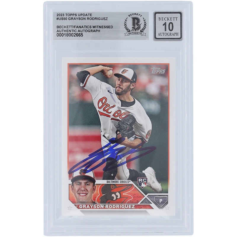Grayson Rodriguez Baltimore Orioles Autographié 2023 Topps Mise à jour #US50 Beckett Fanatics Témoin Authentifié 10 Carte Rookie