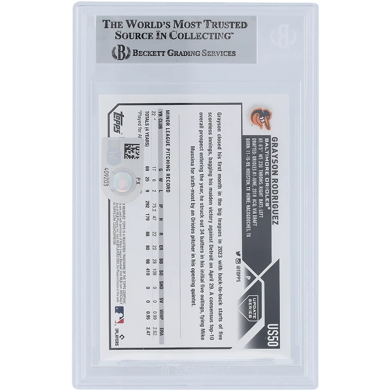 Grayson Rodriguez Baltimore Orioles Autographié 2023 Topps Mise à jour #US50 Beckett Fanatics a vu une carte de recrue authentifiée