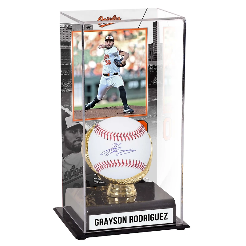 Vitrine de présentation de gants de baseball autographiés et de gants dorés sublimés des Orioles de Baltimore de Grayson Rodriguez avec image