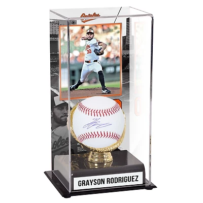 Vitrine de présentation de gants de baseball autographiés et de gants dorés sublimés des Orioles de Baltimore de Grayson Rodriguez avec image