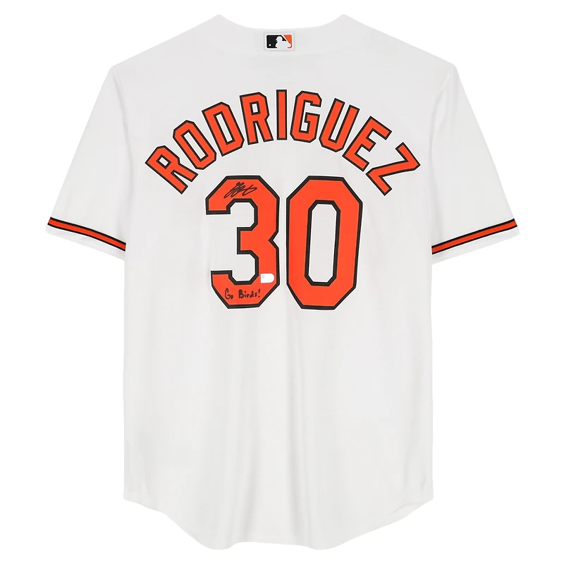 Maillot réplique blanc Nike autographié par Grayson Rodriguez des Orioles de Baltimore avec inscription « Go Birds »
