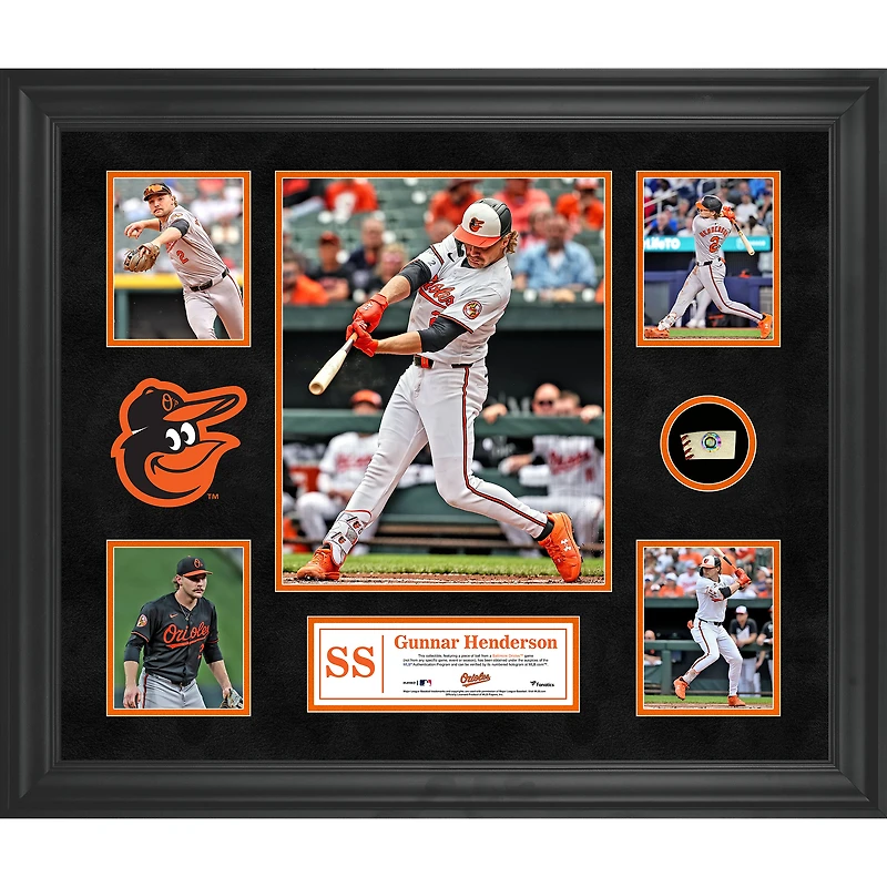 Collage encadré de 5 photos de Gunnar Henderson des Orioles de Baltimore avec un morceau de ballon utilisé lors du match