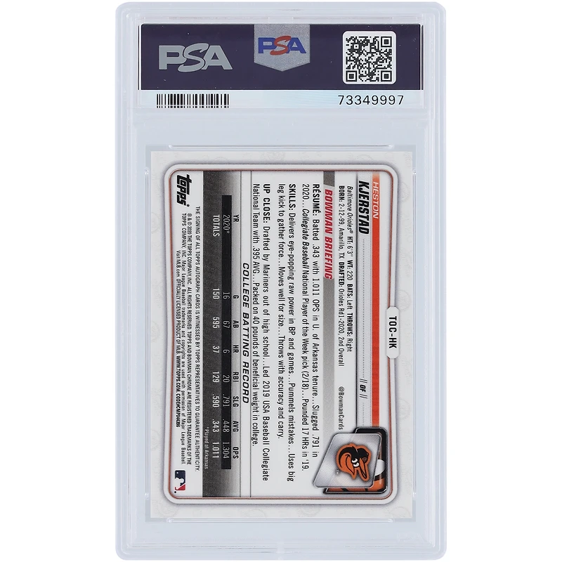 Heston Kjerstad Baltimore Orioles Autographié 2020 Bowman Chrome 1st Bowman Blue Refractor 1st Edition #TOC-HK #7/20 PSA Authentifié 9 Carte