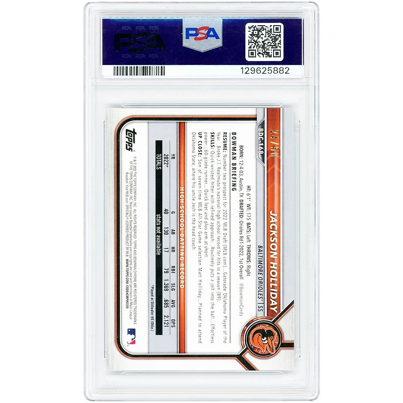 Jackson Holliday Baltimore Orioles 2022 Bowman Chrome 1st Bowman Gold Refractor #BDC-168 #/50 PSA Authenticated 9 Card