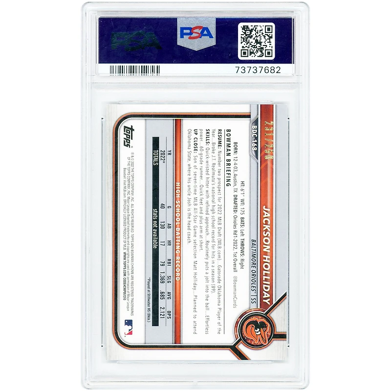Jackson Holliday Baltimore Orioles 2022 Bowman Draft Chrome Purple Refractor #BDC-168 #231/250 PSA Authenticated 9 Card