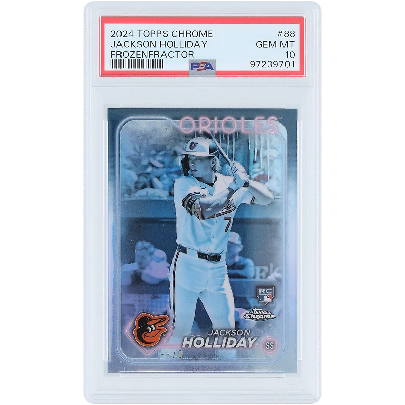 Carte de recrue Jackson Holliday, Baltimore Orioles, 2024 Topps Chrome Frozenfractor n° 88, authentifiée PSA 10, n° 5/0