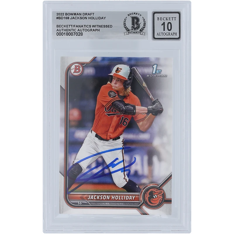 Jackson Holliday Baltimore Orioles Autographié 2022 Bowman Draft 1er Bowman #BD-168 Beckett Fanatics Témoin Authentifié 10 Carte