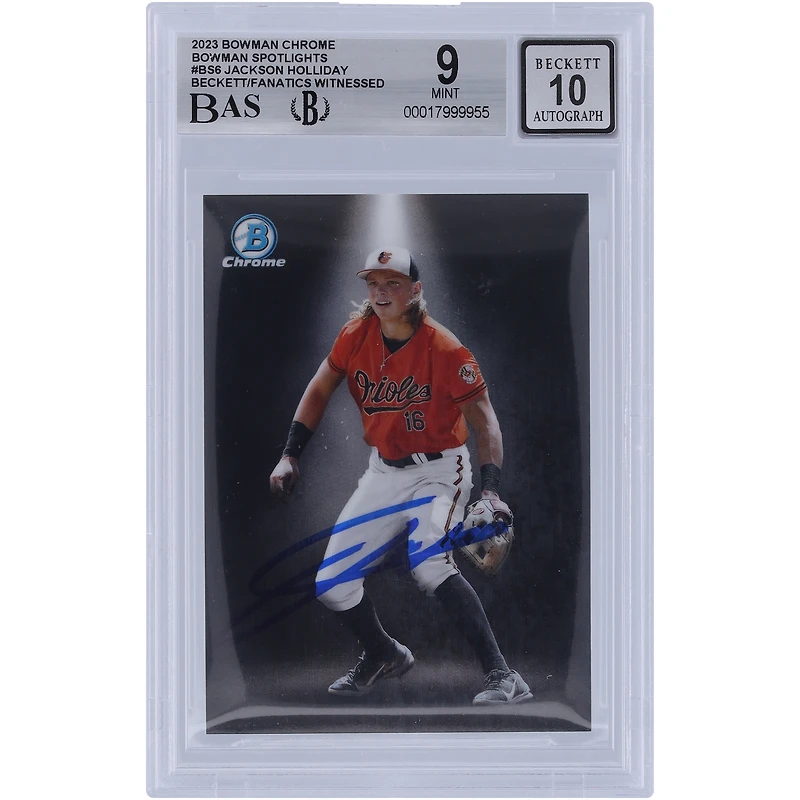 Jackson Holliday Baltimore Orioles Autographié 2023 Bowman Chrome Bowman Spotlights #BS-6 Beckett Fanatics Témoin Authentifié 9/10 Carte