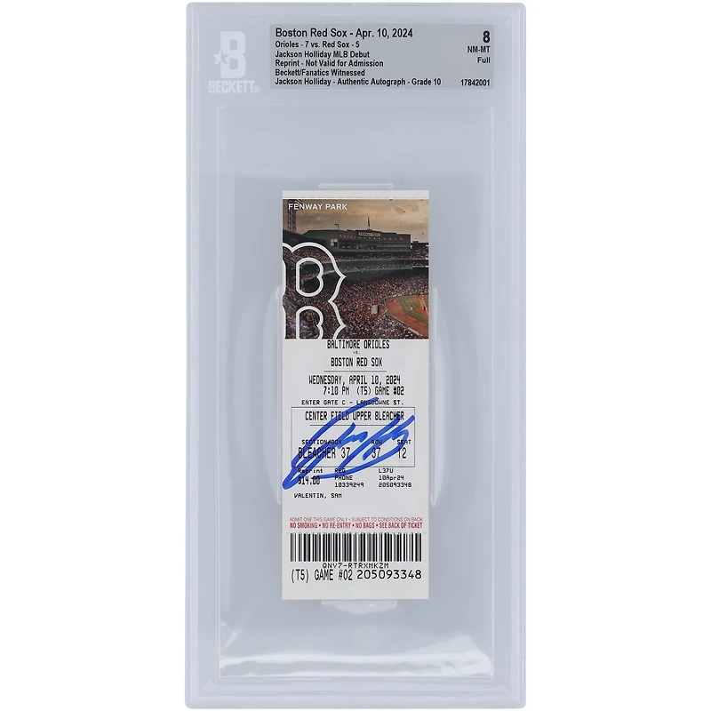 Billet authentifié par Beckett Fanatics Witness pour le match de début en MLB de Jackson Holliday avec les Orioles de Baltimore, daté du 10 avril 2024 et signé par Beckett.