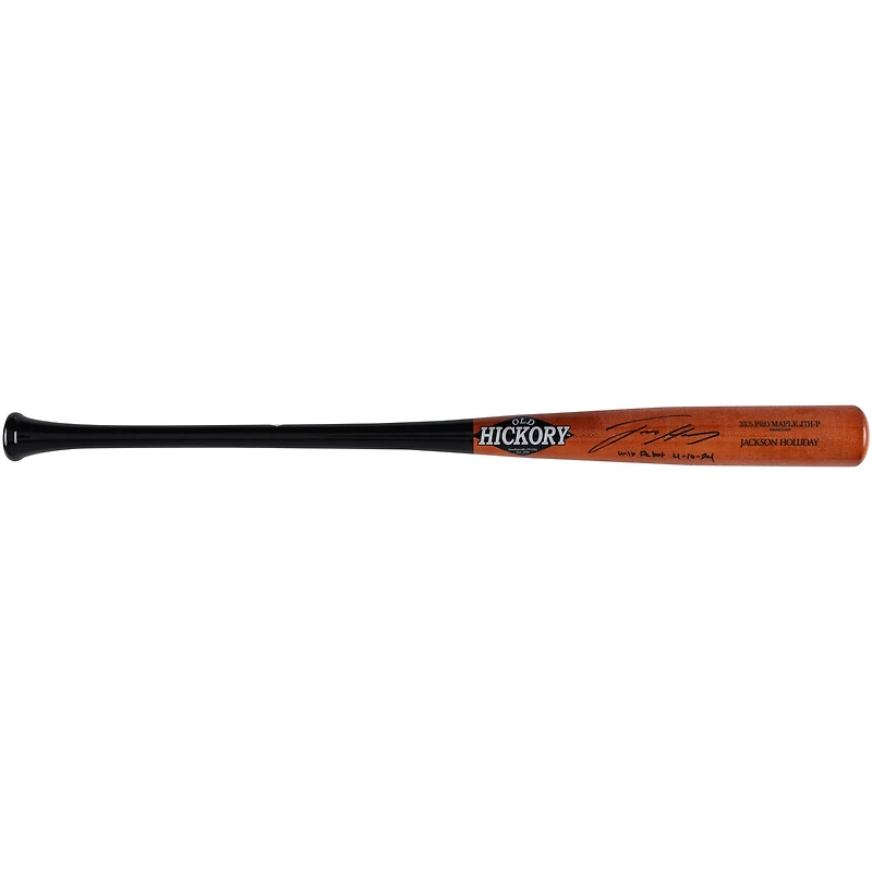 Batte de baseball autographiée par Jackson Holliday Baltimore Orioles, modèle réduit de jeu en vieux hickory, avec inscription « MLB Debut 4-10-24 »