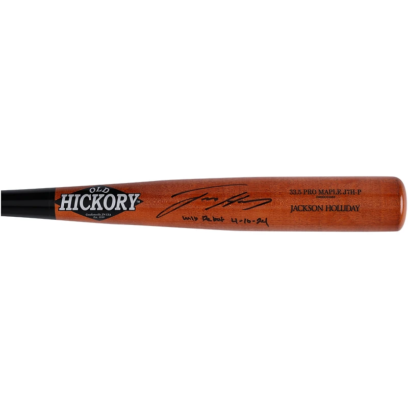 Batte de baseball autographiée par Jackson Holliday Baltimore Orioles, modèle réduit de jeu en vieux hickory, avec inscription « MLB Debut 4-10-24 »