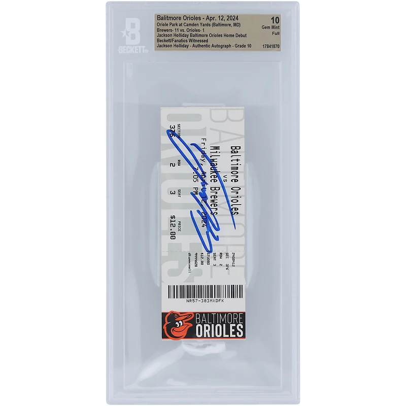 Jackson Holliday Baltimore Orioles Baltimore Orioles Home Debut Beckett Fanatics Witnessed Authenticated 10/10 Ticket du 12 avril 2024