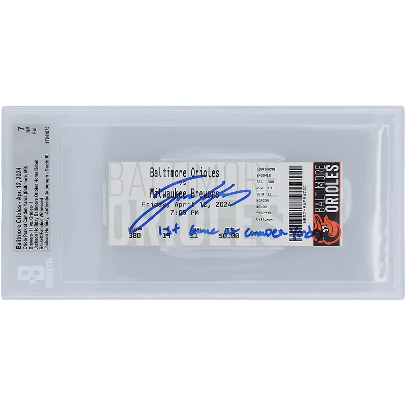 Jackson Holliday Baltimore Orioles Baltimore Orioles Début à domicile des Beckett Fanatics a été témoin d'un billet authentifié 7/10 du 12 avril 2024 avec l'inscription « 1er match à Camden Yards »