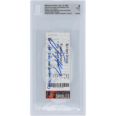 Jackson Holliday Baltimore Orioles Baltimore Orioles Début à domicile des Beckett Fanatics a été témoin d'un billet authentifié 8/10 du 12 avril 2024 avec l'inscription « 1er match à Camden Yards »