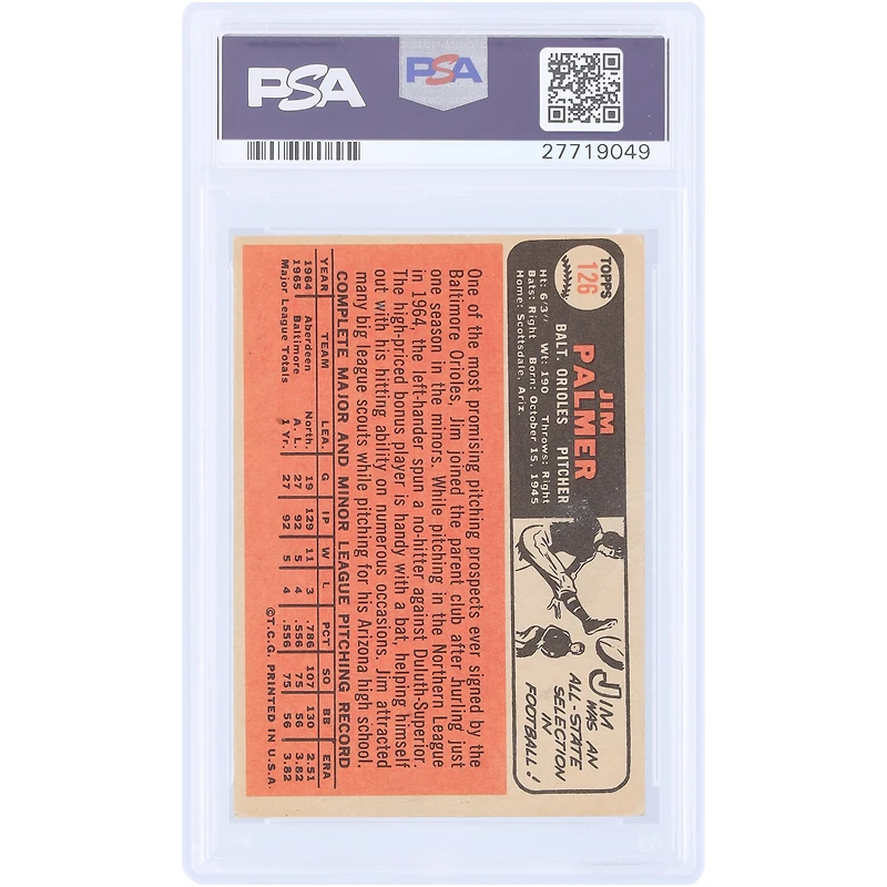 Jim Palmer Baltimore Orioles 1966 Topps #126 PSA Authenticated 4 Rookie Card
