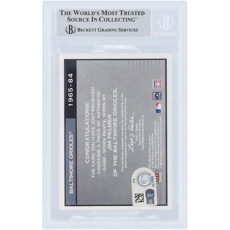 Jim Palmer Baltimore Orioles Autographié 2003 Flair Greats Cut of History Grey Pants Relic #FG-JP Beckett Fanatics Witnessed Carte authentifiée avec inscription "HOF 90"