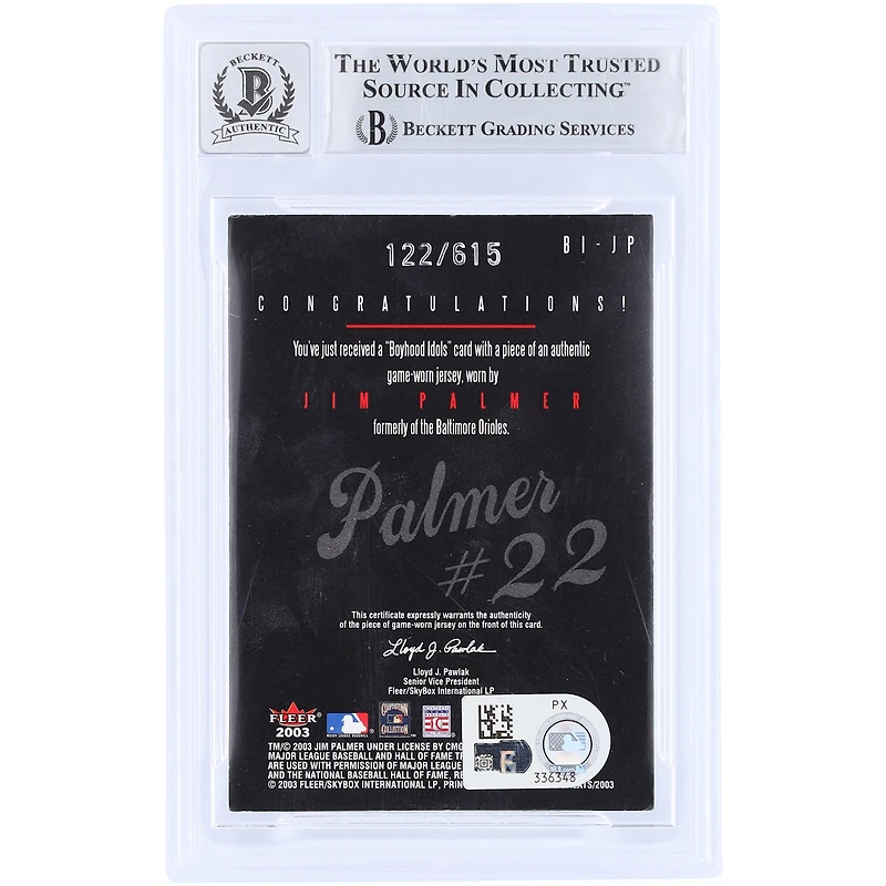 Carte autographiée de Jim Palmer (Baltimore Orioles), collection Fleer Rookies & Greats Boyhood Idols GU Relic 2003, numéro BI-JP, authentifiée par Beckett Fanatics Witnessed (n° 10), numérotée 10/615.
