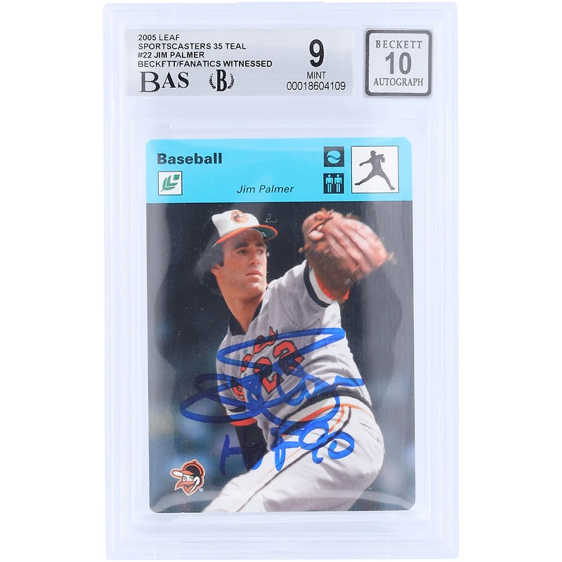 Jim Palmer Baltimore Orioles Autographed 2005 Donruss Leaf Sportscasters Teal #22 #/35 Beckett Fanatics Witnessed Authenticated 9/10 Card with "HOF 90" Inscription
