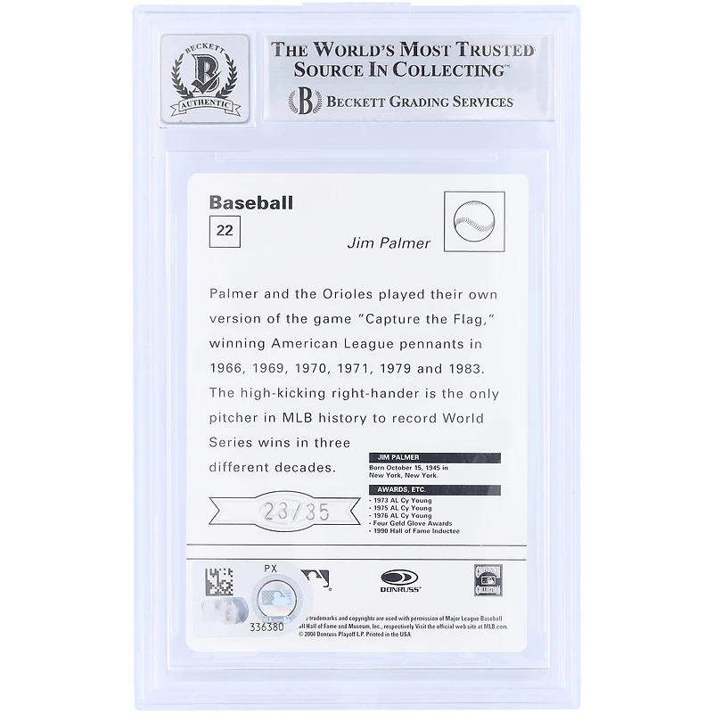 Jim Palmer Baltimore Orioles Autographed 2005 Donruss Leaf Sportscasters Teal #22 #/35 Beckett Fanatics Witnessed Authenticated 9/10 Card with "HOF 90" Inscription