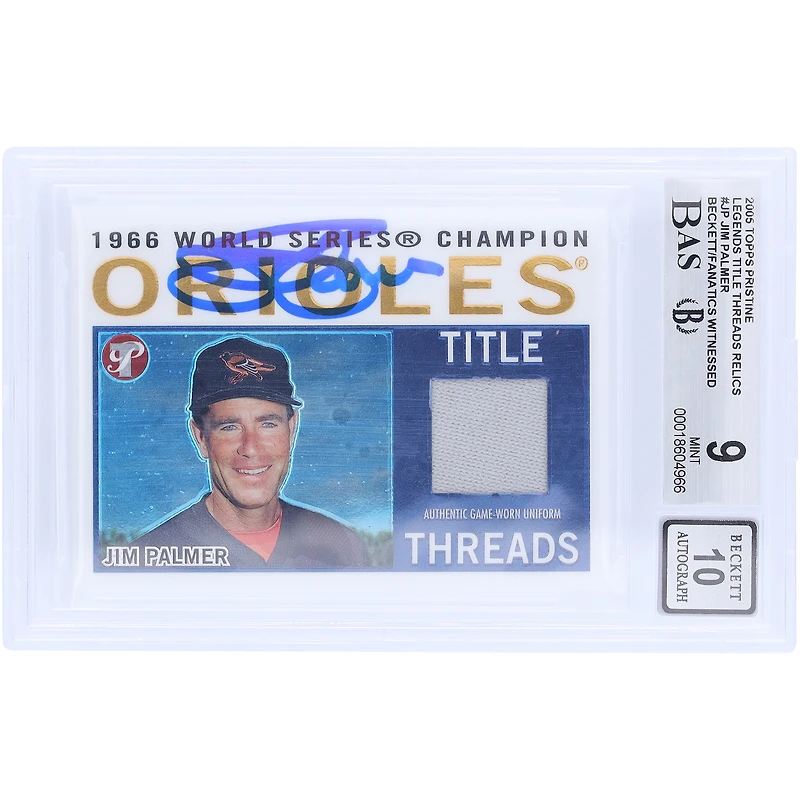Carte autographiée par Jim Palmer des Orioles de Baltimore (2005) Topps Pristine Legends Title Threads GU Relic #TT-JP, authentifiée par Beckett Fanatics Witnessed (9/10).
