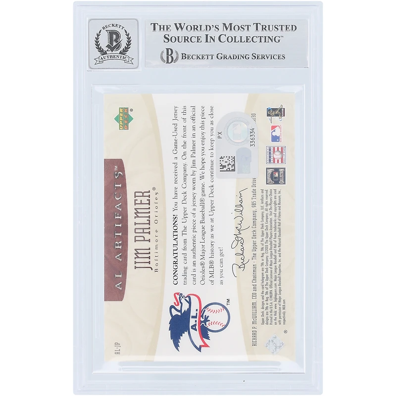 Carte autographiée par Jim Palmer des Orioles de Baltimore (2005), Upper Deck AL Artifacts GU Relic #AL-JP #/325, authentifiée par Beckett Fanatics Witnessed (9/10).