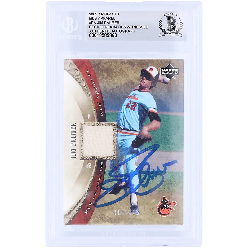 Carte authentifiée par Jim Palmer (Baltimore Orioles), 2005 Upper Deck MLB Artifacts GU Relic, n° MLB-PA/325, certifiée par Beckett Fanatics Witnessed.