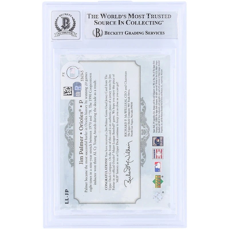 Jim Palmer Baltimore Orioles Autographed 2005 Upper Deck SP Legendary Cuts Lasting Legends GU Relic #LL-JP Beckett Fanatics Witnessed Authenticated 10 Card