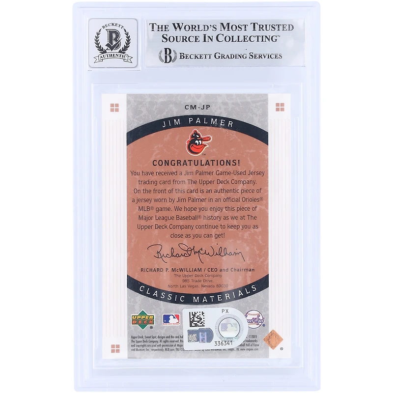 Jim Palmer Baltimore Orioles Autographed 2005 Upper Deck Sweet Spot Classic Materials GU Relic #CM-JP Beckett Fanatics Witnessed Authenticated 9/10 Card