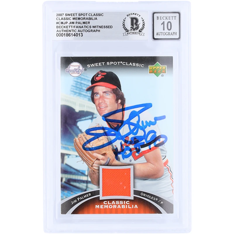 Carte autographiée de Jim Palmer (Baltimore Orioles), collection Upper Deck Sweet Spot Classic Memorabilia GU Relic 2007, numéro CM-JP, authentifiée par Beckett Fanatics Witnessed, avec inscription « HOF 90 ».