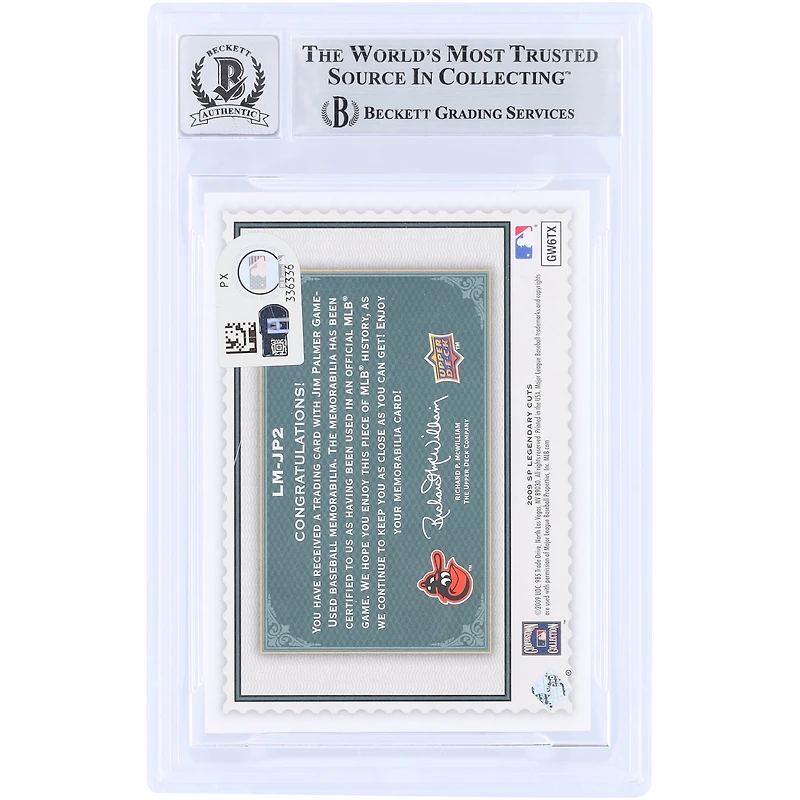 Jim Palmer Baltimore Orioles Autographed 2009 Upper Deck SP Legendary Cuts Legendary Memorabilia GU Relic #LM-JP2 #/ Beckett Fanatics Witnessed Authenticated 10 Card