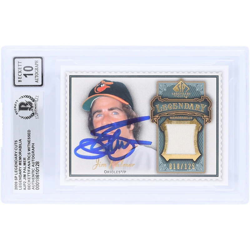 Carte autographiée de Jim Palmer (Baltimore Orioles), 2009 Upper Deck SP Legendary Cuts Legendary Memorabilia GU Relic #LM-JP2 #/125, authentifiée par Beckett Fanatics Witnessed (10 cartes).