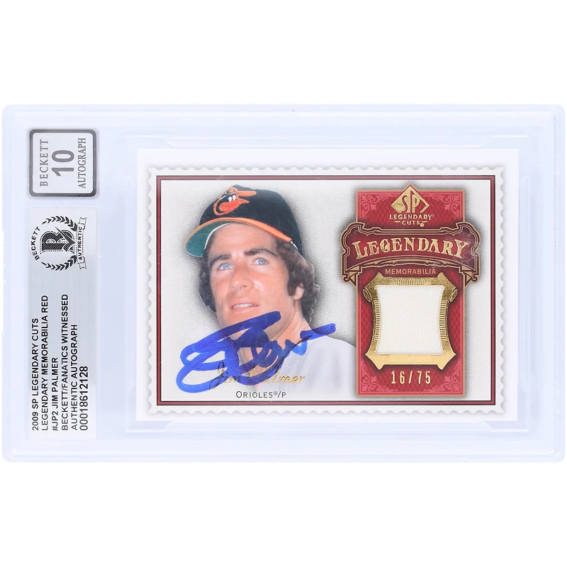Carte autographiée de Jim Palmer (Baltimore Orioles), 2009 Upper Deck SP Legendary Cuts Legendary Memorabilia, rouge GU Relic #LM-JP2 #/75, authentifiée par Beckett Fanatics Witnessed (10 cartes).