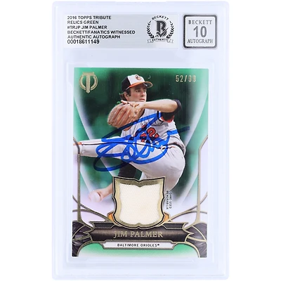 Carte autographiée de Jim Palmer (Baltimore Orioles) 2016 Topps Tribute Green GU Relic #TR-JP #/99, authentifiée par Beckett Fanatics Witnessed (n° 10).