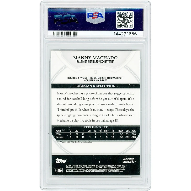 Carte Manny Machado des Orioles de Baltimore 2011 Bowman Sterling Prospects, impression noire, plaque n° 9, n° 1/1, authentifiée par PSA (7 cartes).