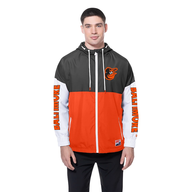 Coupe-vent à capuche entièrement zippé et blocs de couleurs pour homme New Era Orange/Noir Baltimore Orioles