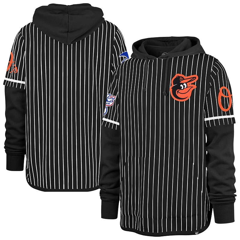 Men's '47 Black Baltimore Orioles Pinstripe Double Header Pullover Hoodie