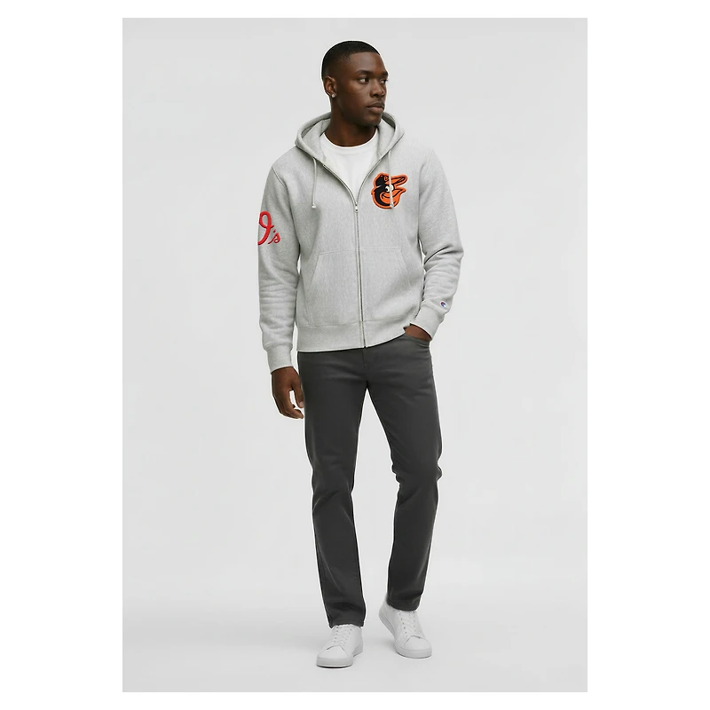 Men's Champion Gray Baltimore Orioles Reverse Weave Chenille Full-Zip Hoodie