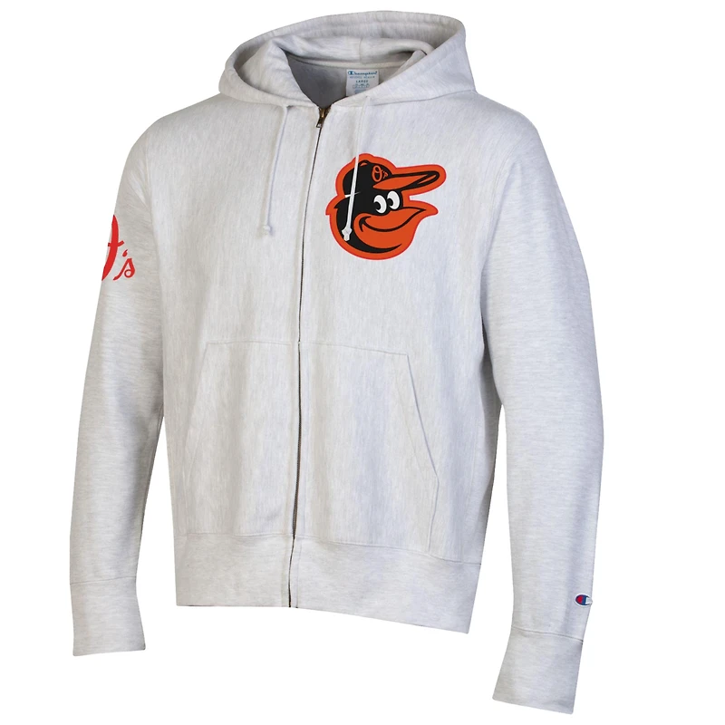 Men's Champion  Gray Baltimore Orioles Reverse Weave Chenille Full-Zip Hoodie
