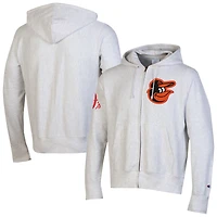 Sweat à capuche zippé Champion gris Baltimore Orioles pour homme, en chenille tissée inversée.