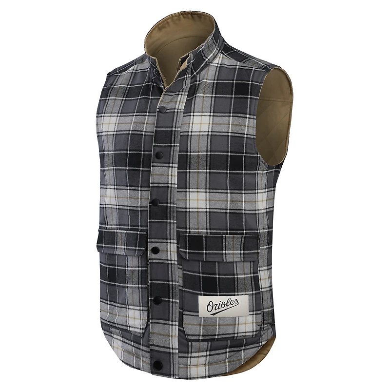 Gilet réversible en toile et à carreaux pour homme de la collection Darius Rucker Fanatics, couleur tan/anthracite, avec fermeture éclair intégrale